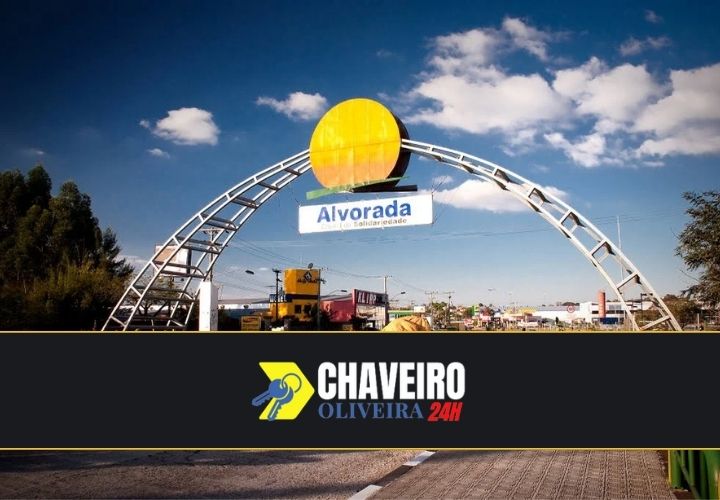 Portal de entrada de Alvorada, RS, com a identidade do Chaveiro Oliveira 24 Horas